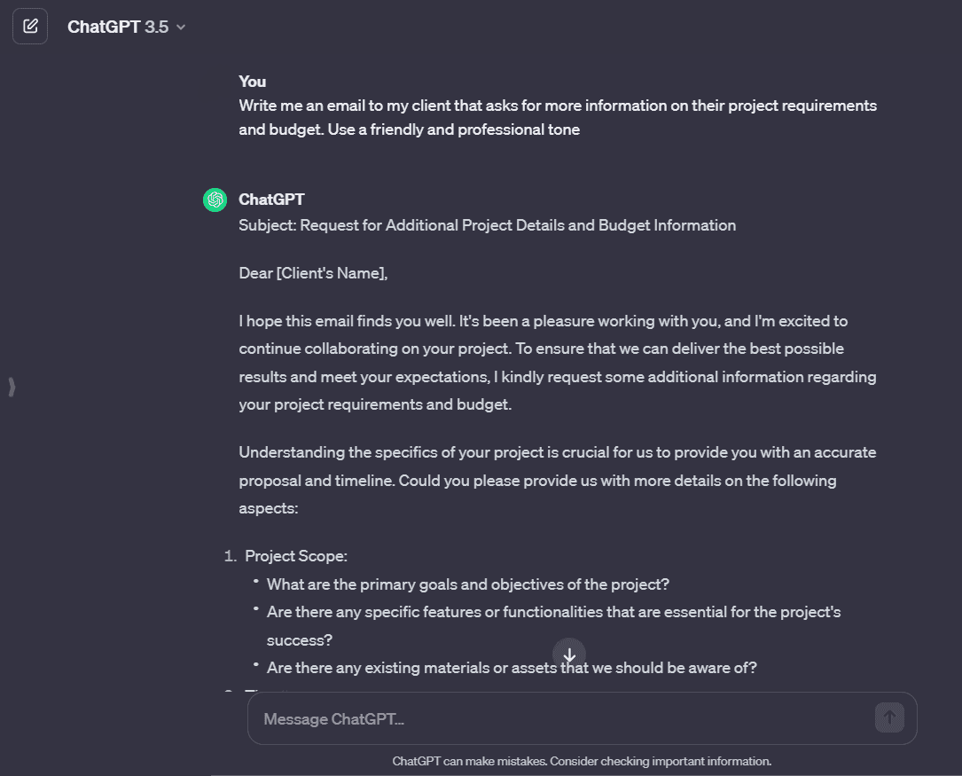 ChatGPT email writing request